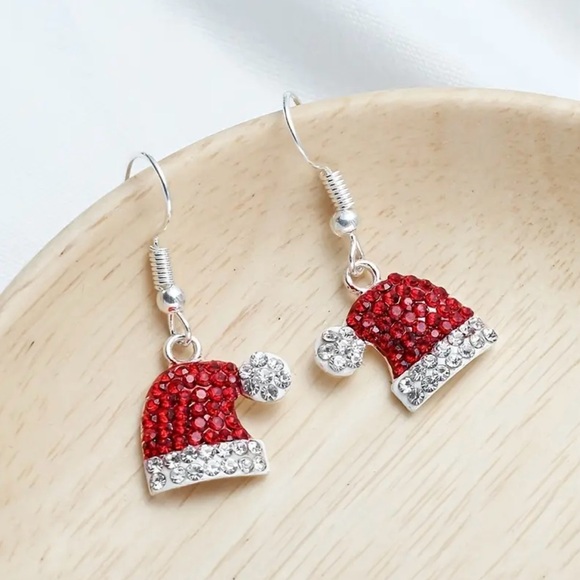 Red & White Crystal Santa Hat Holiday Christmas Earrings - Picture 2 of 4